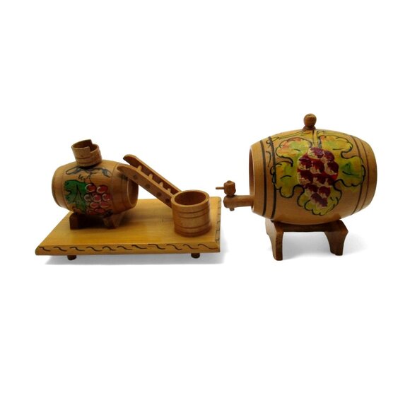Miniature WOODEN BARREL Set with Grape Design Hungary Vintage - Picture 1 of 10